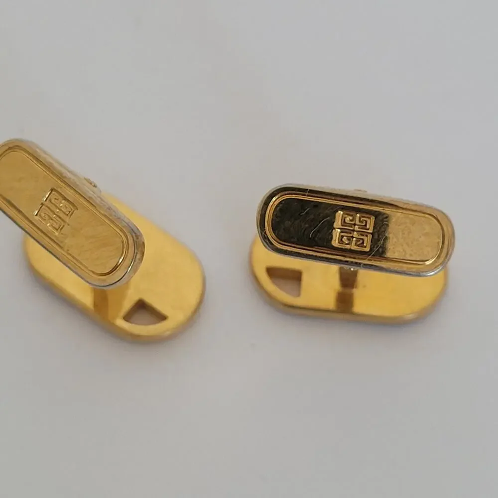 Givenchy Cufflinks Set Gold Silver Black‎ Tone Oval Logo Vintage Geometric